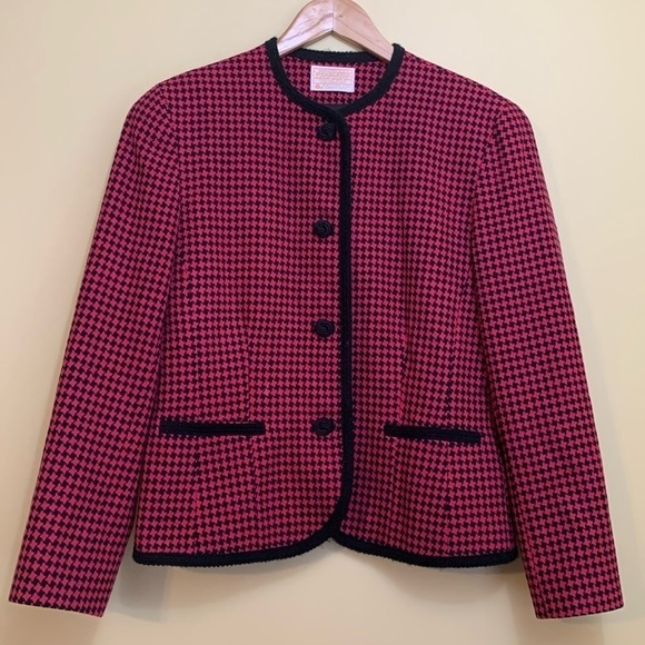 Pendleton Vintage Raspberry Red Black Houndstooth Wool Button Blazer Jacket 10 - Picture 3 of 17